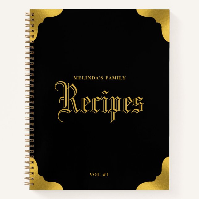 Black & Gold Traditional Family Recipe Cookbook Notebook (Front)