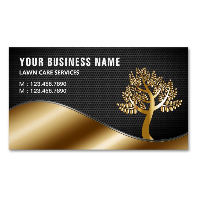 Black Gold Tree Gardening Landscaping Lawn Care Magnetic Business Card (Front)
