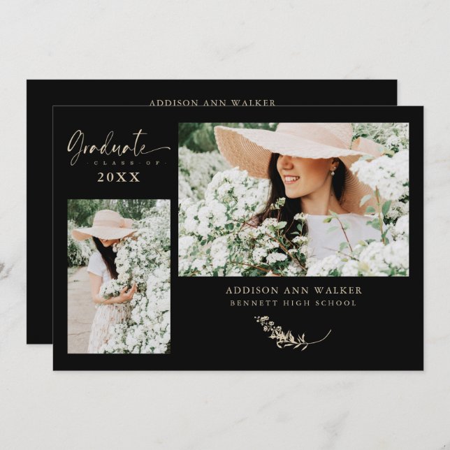 Black Gold Trendy Branches Graduation 2 Photos (Front/Back)