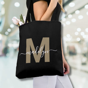 Black Gold Trendy Modern Script Name Monogram Tote Bag
