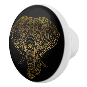 Black Gold Tribal Elephant Boho Ceramic Knob