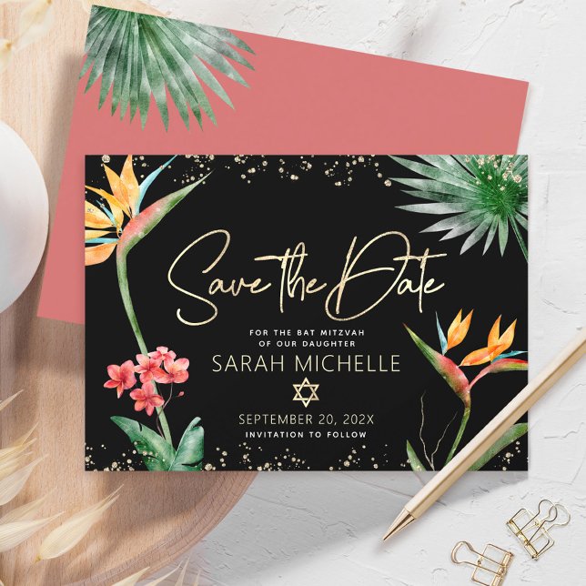 Black Gold Tropical Bat Mitzvah Floral Palm Modern Save The Date (Creator Uploaded)