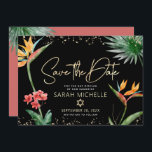 Black Gold Tropical Bat Mitzvah Floral Palm Modern Save The Date<br><div class="desc">Make sure all your friends and relatives will be able to celebrate your daughter’s milestone Bat Mitzvah! Send out this chic, personalised “Save the Date” announcement card. Stunning, colourful, tropical watercolor birds of paradise flowers, faux gold handwritten script, Star of David and glitter dots, along with modern sans serif type,...</div>