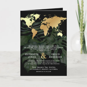 Black Gold Tropical Destination World Map Wedding Invitation