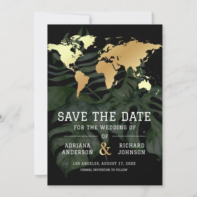 Black Gold Tropical Destination World Map Wedding Save The Date (Front)