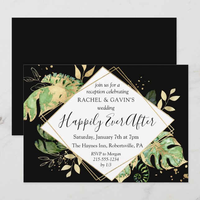 Black & Gold Tropical Elopement Wedding Reception Invitation (Front/Back)