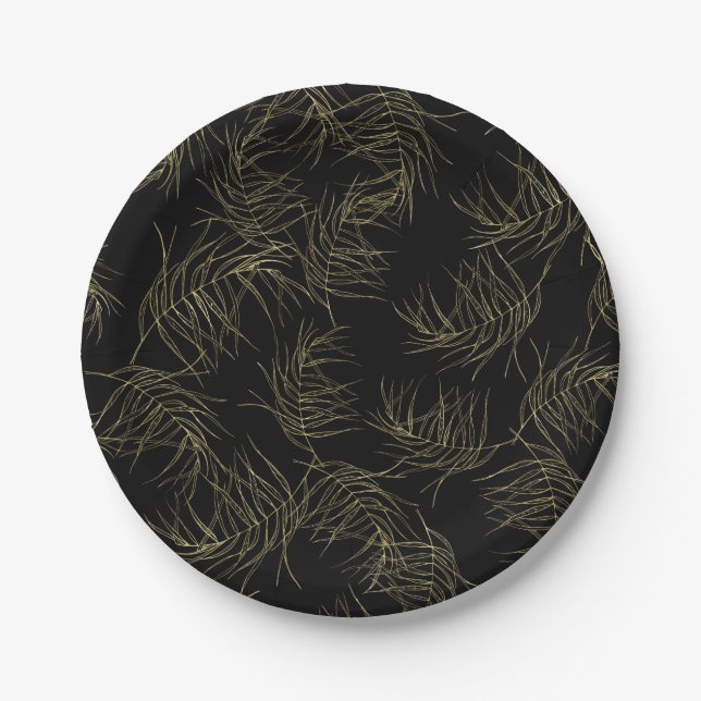 Black & Gold Tropical Glam Leaves Chic Wedding Paper Plate (Front)