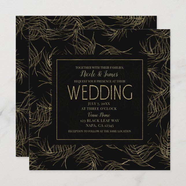 Black & Gold Tropical Glam Leaves Wedding Invitation (Front/Back)