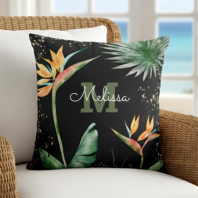 Black Gold Tropical Island Floral Monogram Script Cushion (Creator Uploaded)