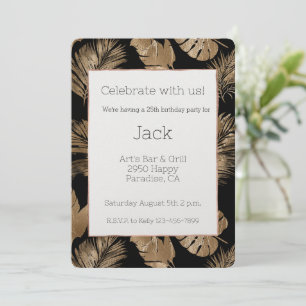 Black Gold Tropical Leaves Birthday Invitation