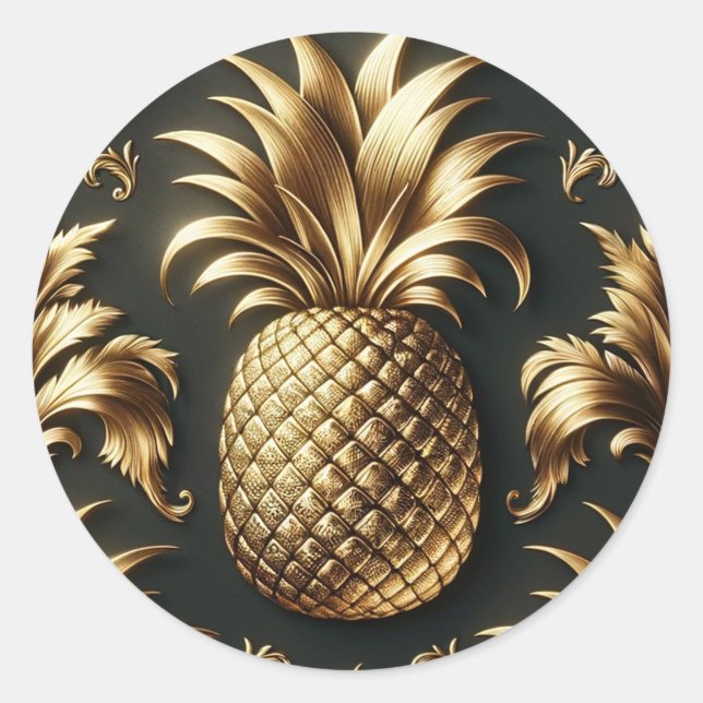 Black & Gold Tropical Pineapple Luxurious Wedding Classic Round Sticker (Front)