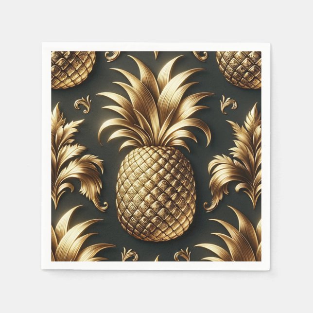 Black & Gold Tropical Pineapple Luxurious Wedding Napkin (Front)