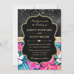 Black Gold Tropical Preppy Flowers Wedding Invitation
