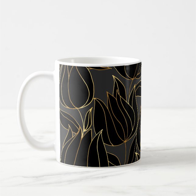 Black Gold Tulips: Luxury Floral Pattern Coffee Mug (Left)