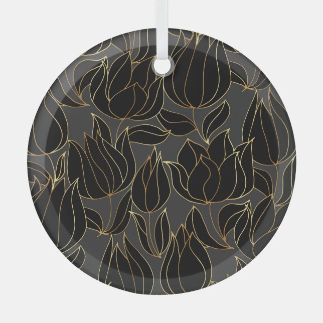 Black Gold Tulips: Luxury Floral Pattern Glass Tree Decoration (Front)