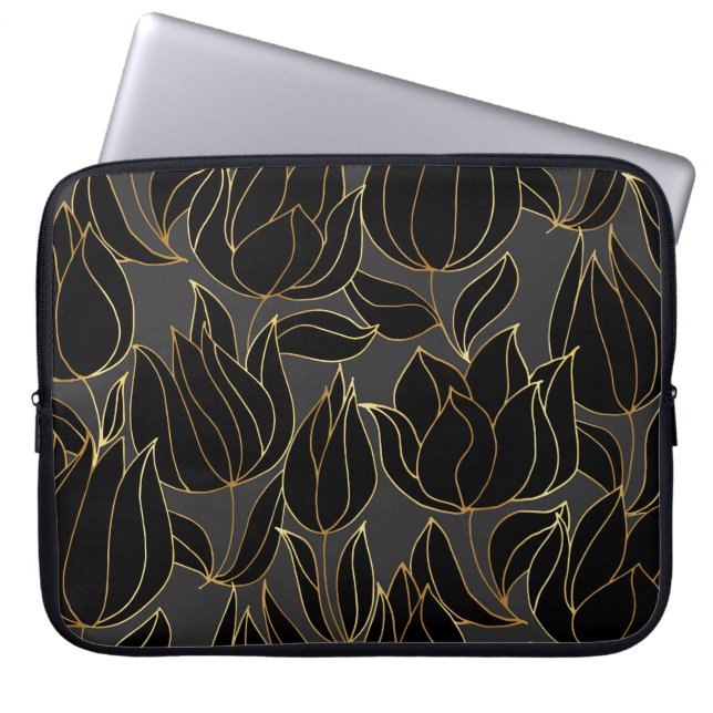 Black Gold Tulips: Luxury Floral Pattern Laptop Sleeve (Front)
