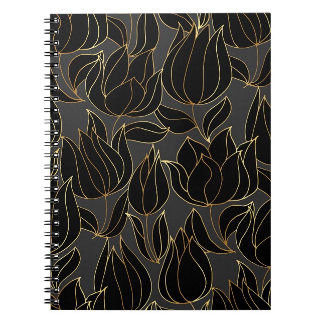 Black Gold Tulips: Luxury Floral Pattern Notebook (Front)