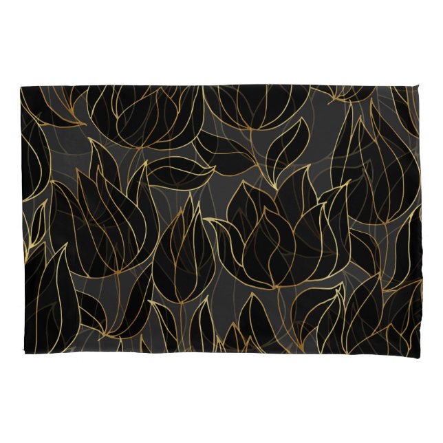 Black Gold Tulips: Luxury Floral Pattern Pillowcase (Front)
