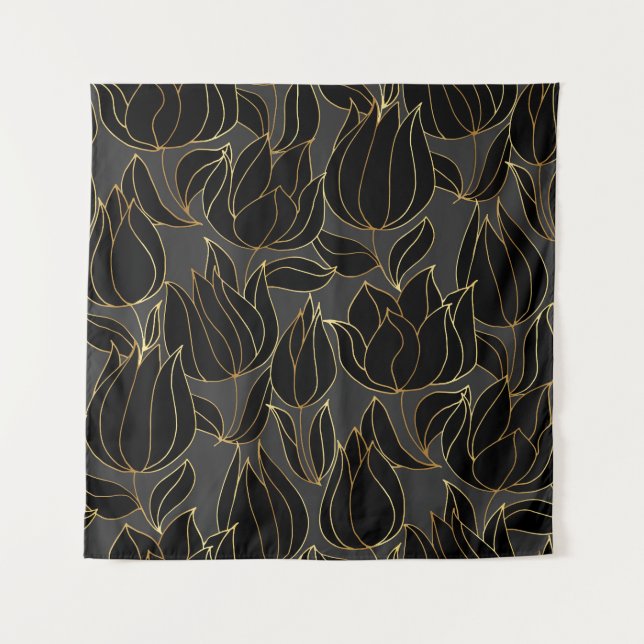 Black Gold Tulips: Luxury Floral Pattern Tapestry (Front)