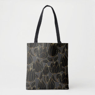 Black Gold Tulips: Luxury Floral Pattern Tote Bag