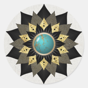 Black Gold Turquoise Lotus Flower Mandala Elegant Classic Round Sticker