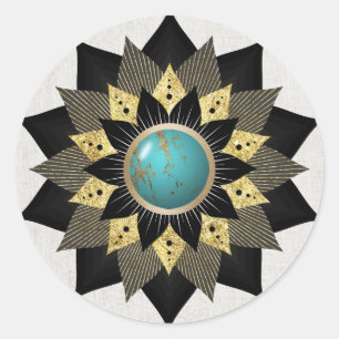 Black Gold Turquoise Lotus Flower Mandala Elegant Classic Round Sticker
