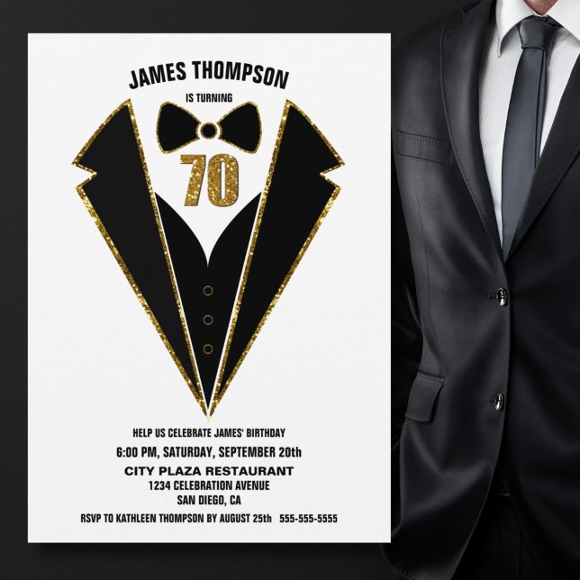 Black Gold Tuxedo 70th Birthday Party Invitation (Creator Uploaded)