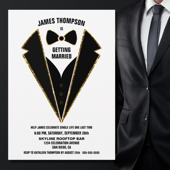 Black Gold Tuxedo Bachelor Party Invitation (Creator Uploaded)