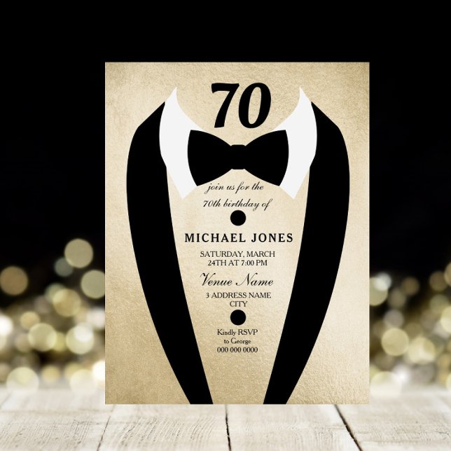Black Gold Tuxedo Mens 70th Birthday Party Invite (Creator Uploaded)