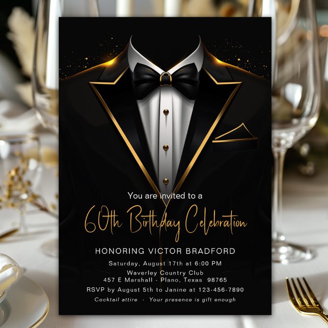 Black Gold Tuxedo Mens Any Number Birthday Invitation (Black and gold tuxedo any number birthday or event invitation. Simply add your details.)