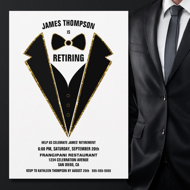 Black Gold Tuxedo Retirement Party Invitation (Creator Uploaded)