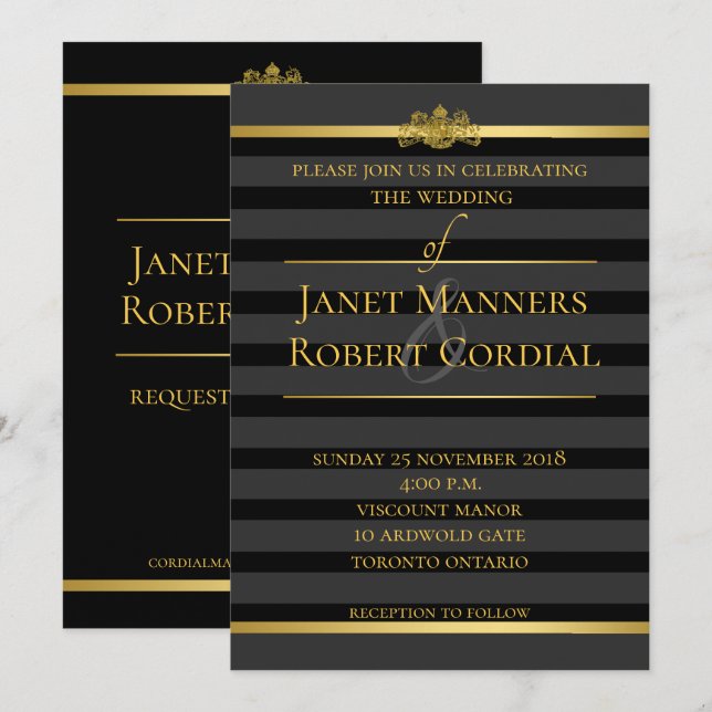 Black & Gold Tuxedo Stripe Formal Elegant Wedding Invitation (Front/Back)