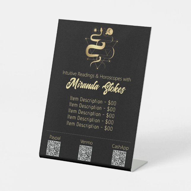 Black & Gold Twin Snakes Gothic Tarot Price List Pedestal Sign (Front)