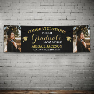 Black & Gold Two Photo Graduation Congratulations Banner