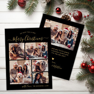 Black Gold Typography 5 Photo Collage Christmas Holiday Card