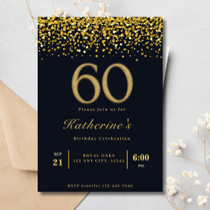Black & Gold Typography 60th Modern Birthday Invitation