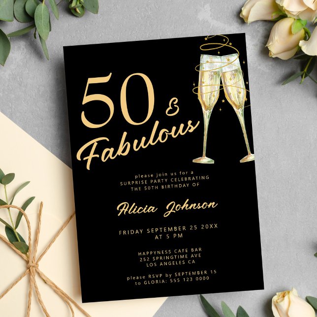Black gold typography fifty fabulous 50th birthday invitation (Creator Uploaded)