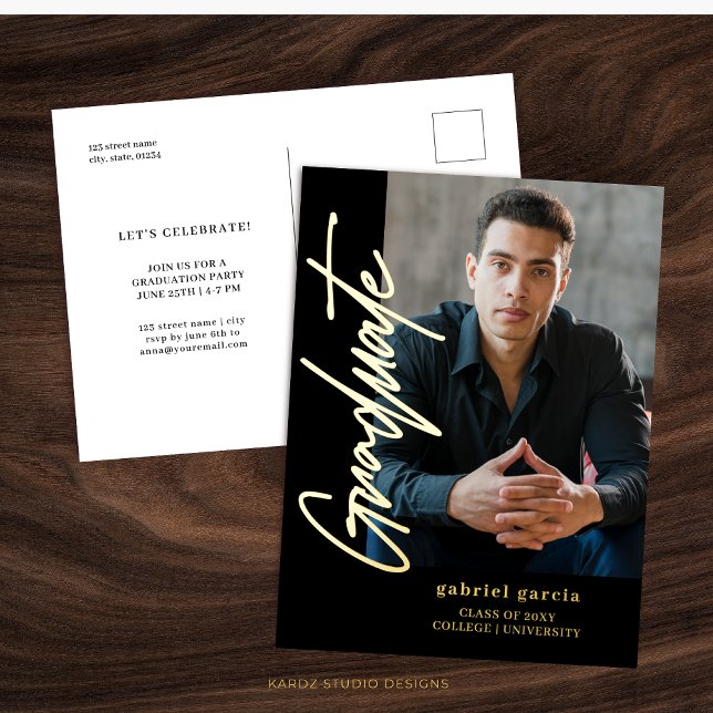 Black Gold Typography Graduation Postcard (Gold Foil Invitation Postcard is shown in 4.25 x 5.6 inch. front and back views. )