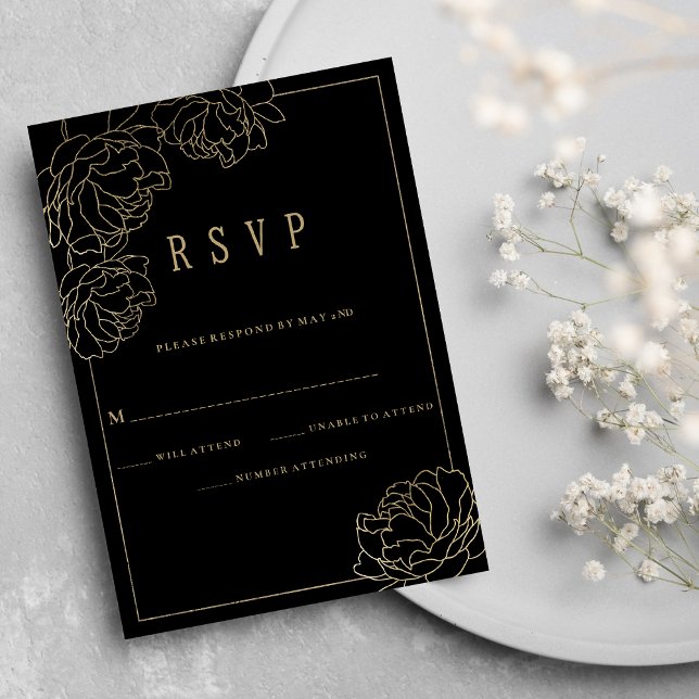 Black gold typography peony luxury floral RSVP  Invitation (Black gold typography peony luxury floral RSVP)