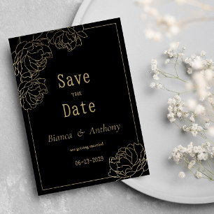 Black gold typography peony luxury Save the Date Invitation