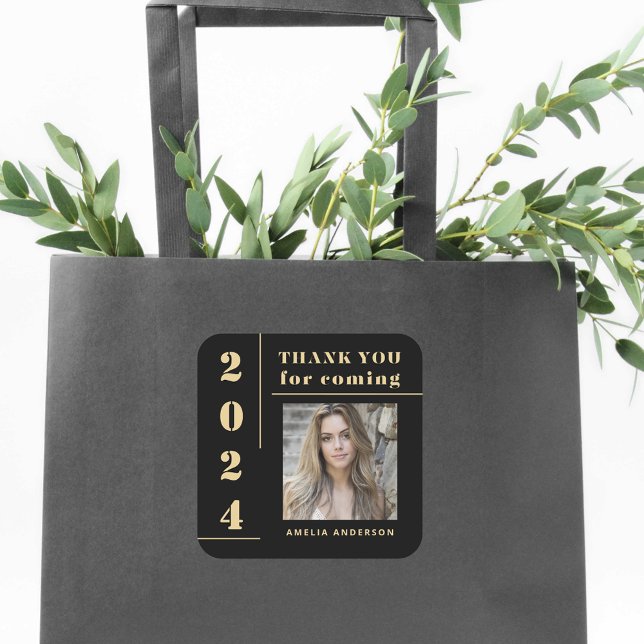 Black Gold Typography Photo Graduation Thank You Square Sticker (Creator Uploaded)