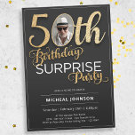 Black Gold Typography Photo Surprise 50th Birthday Invitation<br><div class="desc">Black Gold Typography Photo Surprise 50th Birthday Invitation. Against a sleek black backdrop, elegant gold foil accents and captivating typography set the stage for a celebration like no other. Your custom photo adds a personal touch, ensuring that every invite is as unique as the milestone being celebrated. With its perfect...</div>