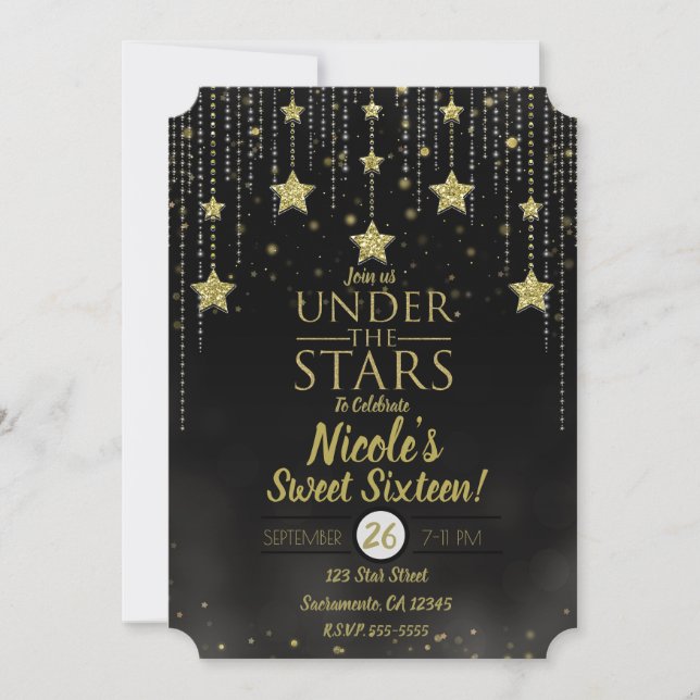 Black & Gold Under The Stars Starry Sweet 16 Invitation (Front)