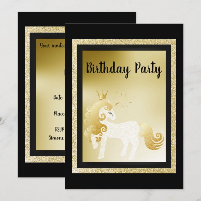 Black Gold Unicorn Birthday Party Invitation (Front/Back)