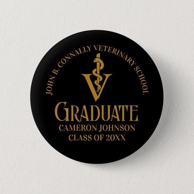 Black Gold Veterinary School Graduation Party 6 Cm Round Badge (Front)