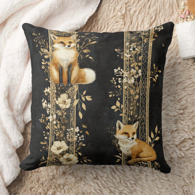 Black Gold Victorian Fox Botanical Pattern Cushion (Blanket)