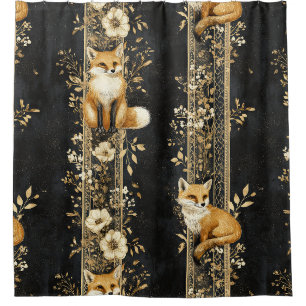 Black Gold Victorian Fox Botanical Pattern Shower Curtain