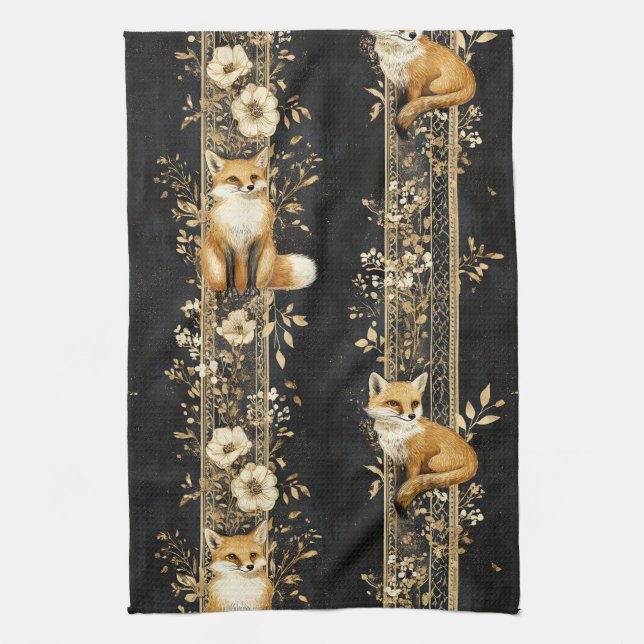 Black Gold Victorian Fox Botanical Pattern Tea Towel (Vertical)