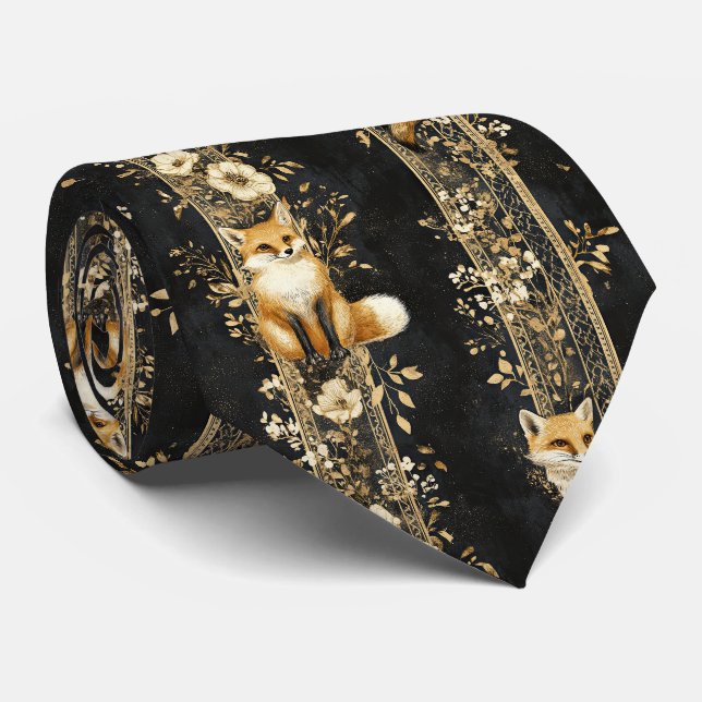 Black Gold Victorian Fox Botanical Pattern Tie (Rolled)