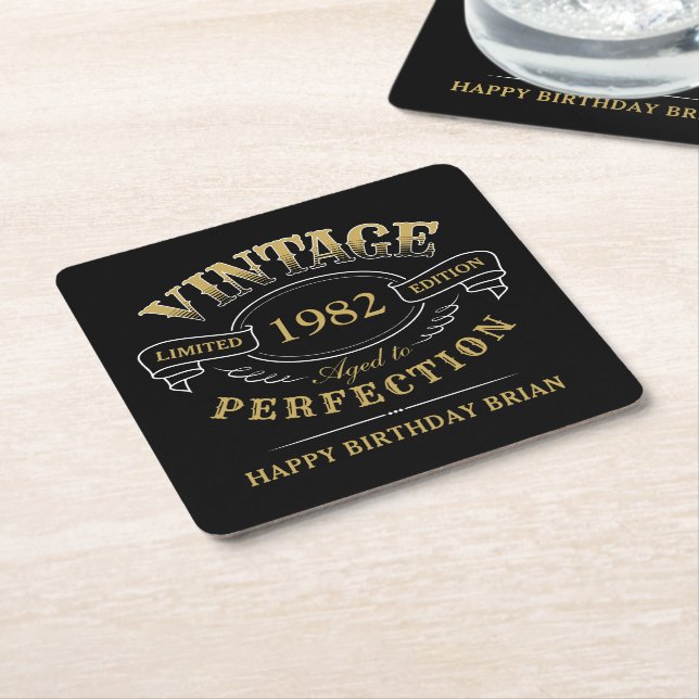 Black Gold Vintage Aged To Perfection birthday Square Paper Coaster (Angled)